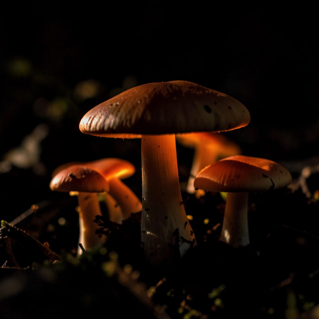 Close-up of dried brown mushroom caps with wrinkled texture arranged closely together, warm brown and tan tones, moody still-life lighting
