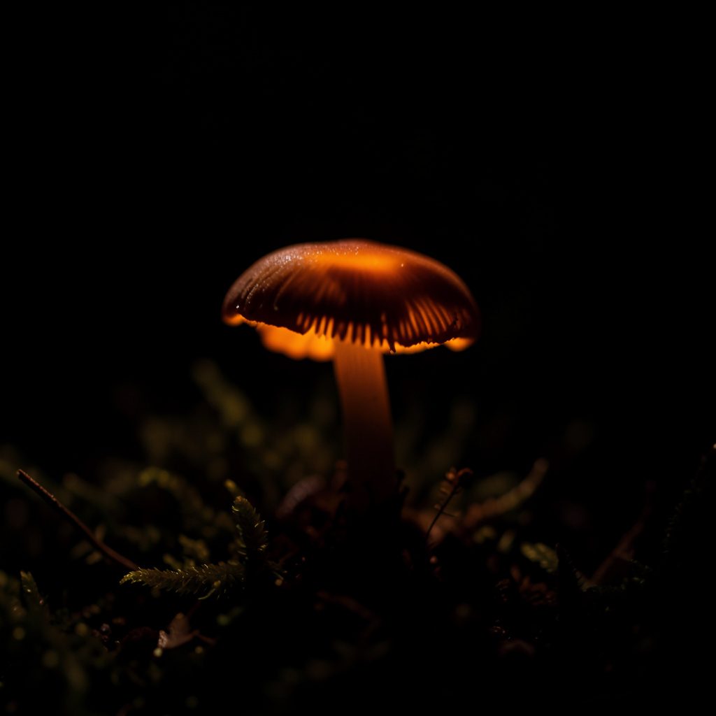 Atmospheric still life photograph on a deep shadow background, soft amber highlights, low-key warm tones